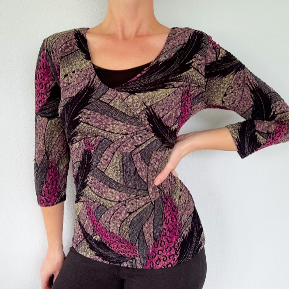 Vintage JM Collection petite purple leopard feather abstract print top small
